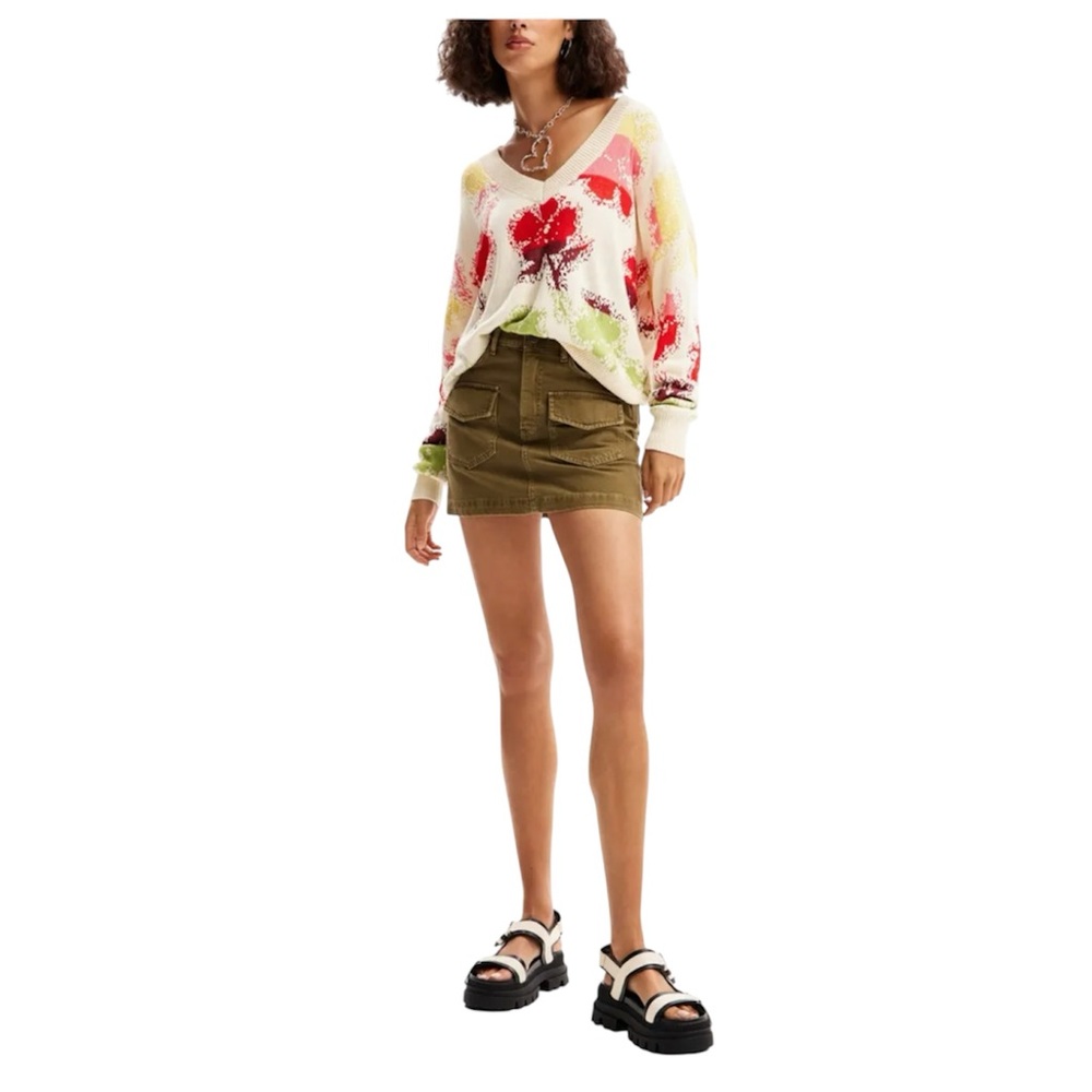 Desigual Sweater, Floral Jacquard Knit Bold Colorful Size Medium